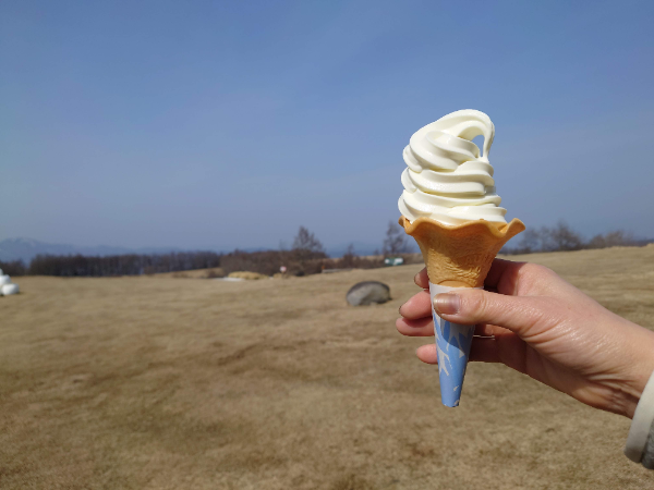 広大な草原で食べるソフトクリームは格別においしく感じられる